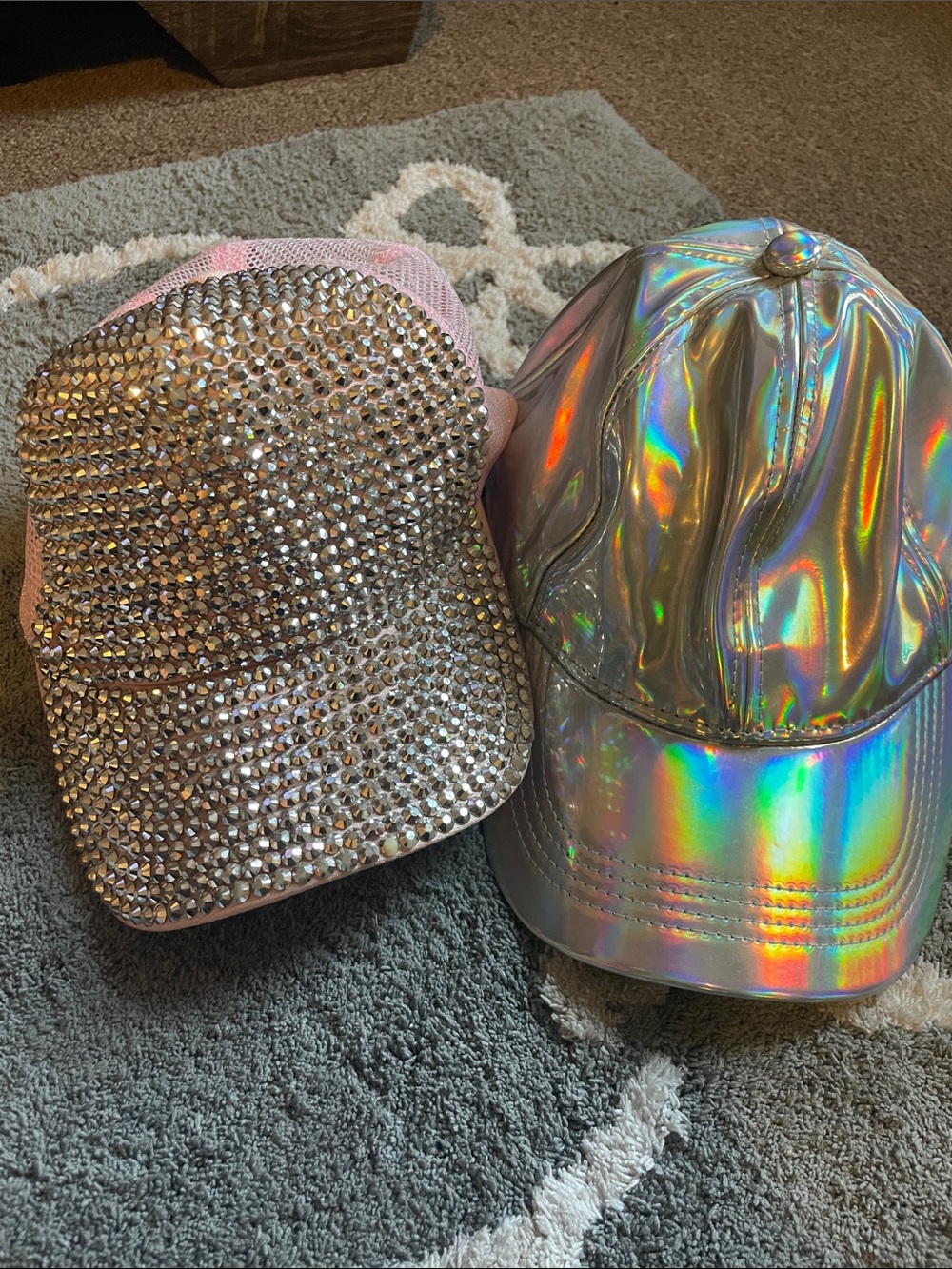 Kids Sparkle Rhinestone Cap and Holographic Baseball Hat Set - Pink & Silver